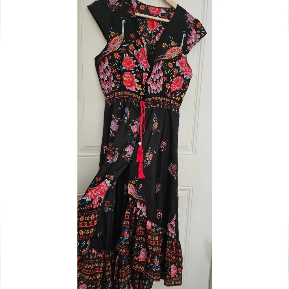 Wish V-Neck Peacock Floral Print Flare Sleeve Bohemian cotton blend Dress size S - Picture 8 of 13